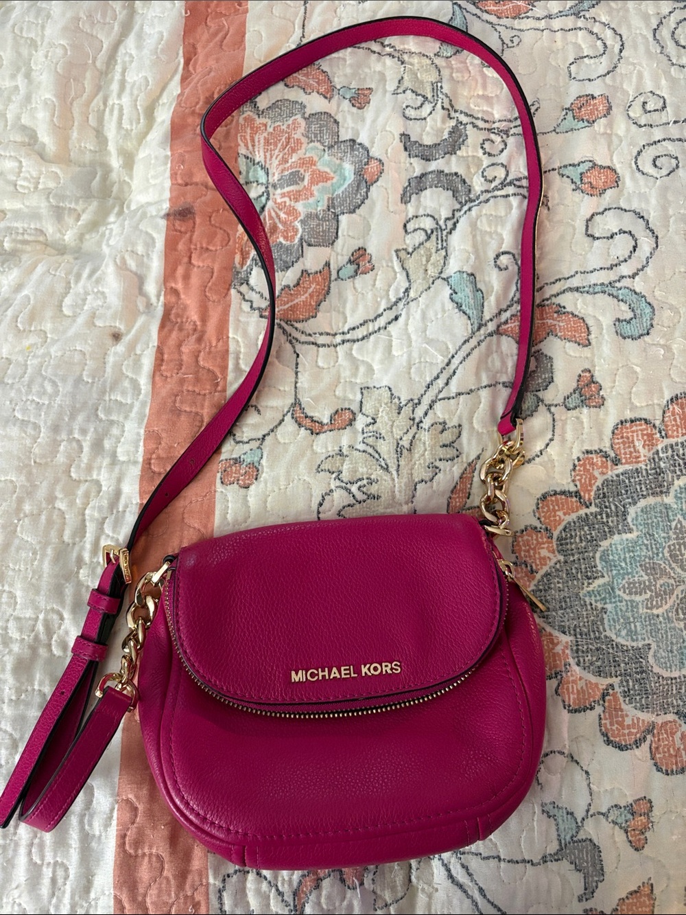 Michael Kors Hot Pink Leather Crossbody with Gold Hardware